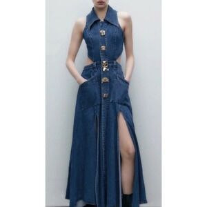 Denim Maxi Halter Dress with Front Slit